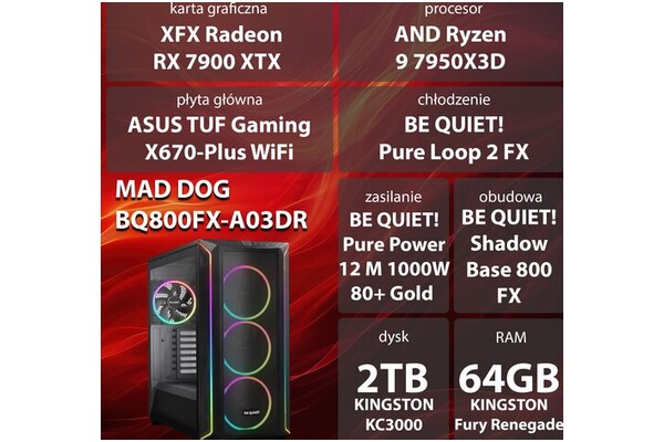 Mad Dog BQ800FX-A03DRV2 AMD Ryzen 9 64GB DDR5 AMD Radeon RX 7900 XTX 24GB 2TB SSD brak