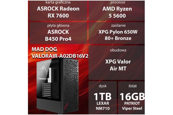 Mad Dog VALORAIR-A02DB16V2 AMD Ryzen 5 16GB DDR4 AMD Radeon RX 7600 8GB 1TB SSD brak