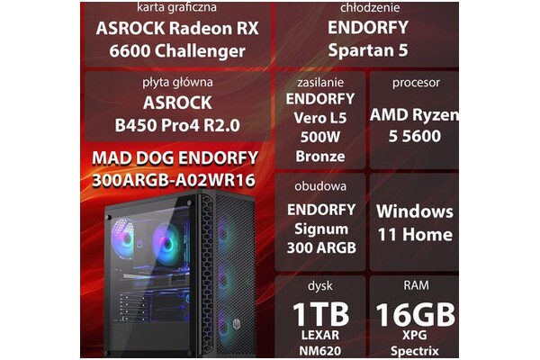 Mad Dog ENDORFY300ARGB-A02WR16 AMD Ryzen 5 16GB DDR4 AMD Radeon RX 6600 8GB 1TB SSD Windows 11 Home