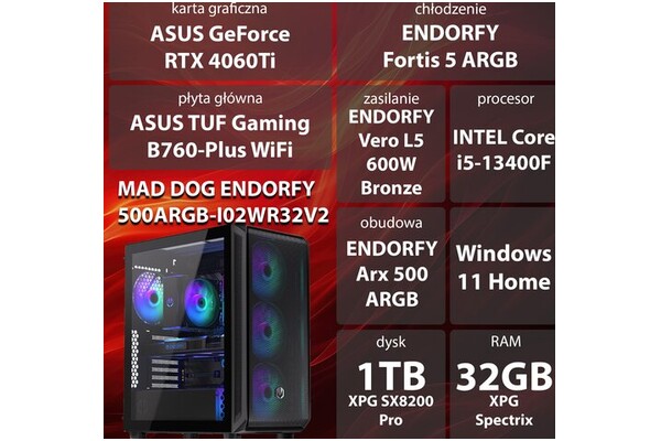 Mad Dog ENDORFY500ARGB-I02WR32 Intel Core i5 32GB DDR4 NVIDIA GeForce RTX 4060 Ti 8GB 1TB SSD Windows 11 Home