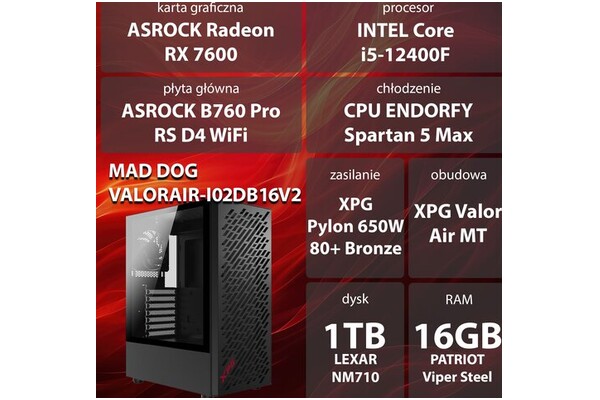 Mad Dog VALORAIR-I02DB16V3 Intel Core i5 16GB DDR4 AMD Radeon RX 7600 8GB 1TB SSD brak