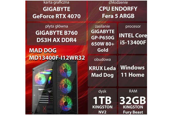 Mad Dog MD13400F-I12WR32 Intel Core i5 32GB DDR4 NVIDIA GeForce RTX 4070 12GB 1TB SSD Windows 11 Home