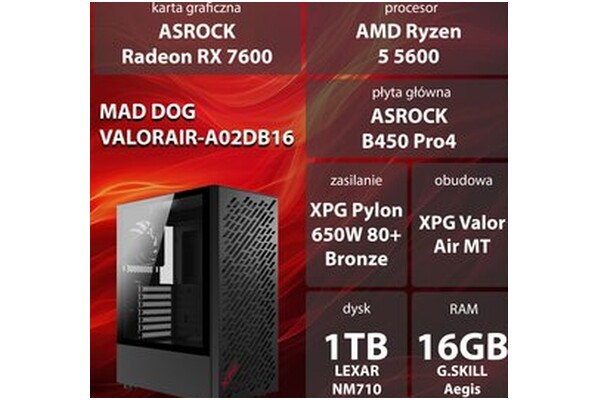 Mad Dog VALORAIR-A02DB16 AMD Ryzen 5 16GB DDR4 AMD Radeon 7600 8GB 1TB SSD brak