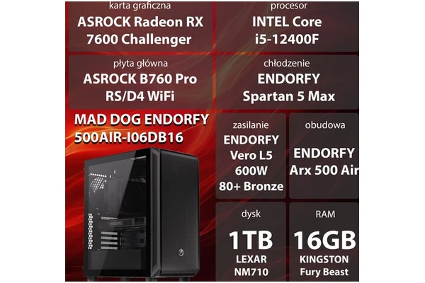 Mad Dog ENDORFY500AIR-I06DR16 Intel Core i5 16GB DDR4 AMD Radeon RX 7600 8GB 1TB SSD brak