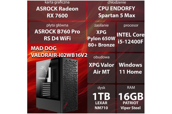 Mad Dog VALORAIR-I02WB16 Intel Core i5 16GB DDR4 AMD Radeon RX 7600 8GB 1TB SSD Windows 11 Home