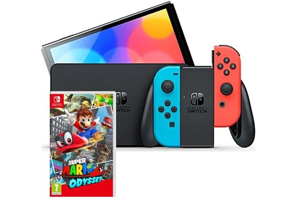 Konsola Nintendo Switch OLED niebiesko-czerwony + Super Mario Odyssey