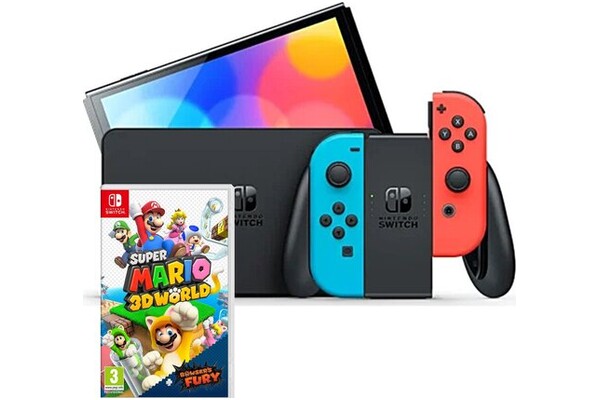Konsola Nintendo Switch OLED niebiesko-czerwony + Super Mario 3D World