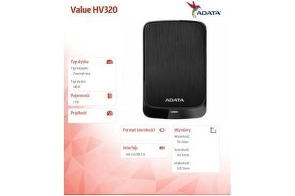 Dysk zewnętrzny HDD Adata HV320 1TB czarny
