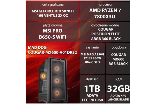 Mad Dog MX600-A01DR32 AMD Ryzen 7 32GB DDR5 NVIDIA GeForce RTX 5070 Ti 16GB 1TB SSD brak