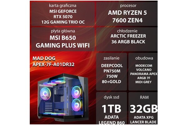 Mad Dog F-A01DR32 AMD Ryzen 5 32GB DDR5 NVIDIA GeForce RTX 5070 12GB 1TB SSD brak