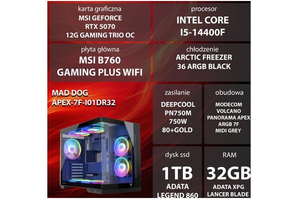 Mad Dog F-I01DR32 Intel Core i5 32GB DDR5 NVIDIA GeForce RTX 5070 12GB 1TB SSD brak