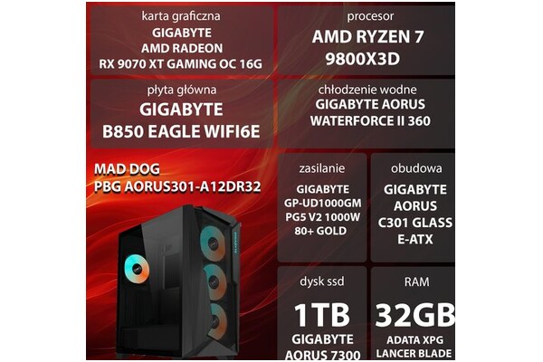 Mad Dog AORUS301-A12DR32 AMD Ryzen 7 32GB DDR5 AMD Radeon RX 9070 XT 16GB 1TB SSD brak