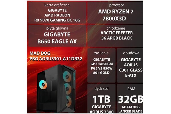 Mad Dog AORUS301-A11DR32 AMD Ryzen 7 32GB DDR5 AMD Radeon RX 9070 16GB 1TB SSD brak