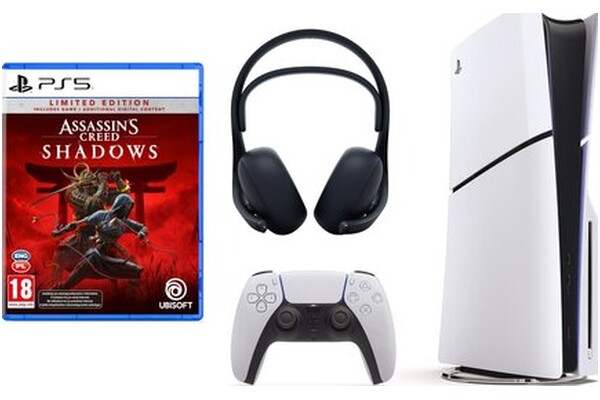 Konsola Sony PlayStation 5 Slim biało-czarny + Assassins Creed Shadows - Edycja Limitowana Gra PS5 + słuchawki SONY Bezprzewodowe