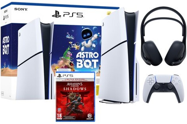 Konsola Sony PlayStation 5 Slim biało-czarny + Assassins Creed Shadows - Edycja Limitowana Gra PS5|Astro Bot + słuchawki SONY Bezprzewodowe