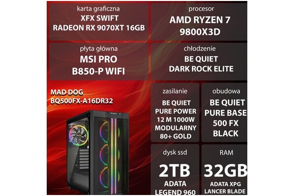Mad Dog BQ500FX-A16DR32V2 AMD Ryzen 7 32GB DDR5 AMD Radeon RX 9070 XT 16GB 2TB SSD brak