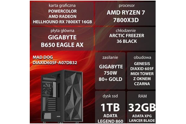 Mad Dog DIAXID605F-A07DB32 AMD Ryzen 7 32GB DDR5 AMD Radeon RX 7800 XT 16GB 1TB SSD brak