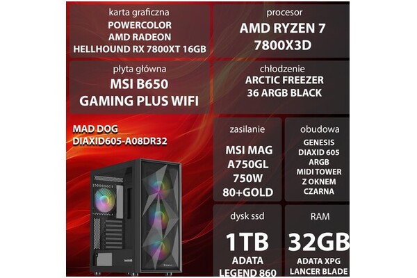 Mad Dog DIAXID605-A08DR32 AMD Ryzen 7 32GB DDR5 AMD Radeon RX 7800 XT 16GB 1TB SSD brak