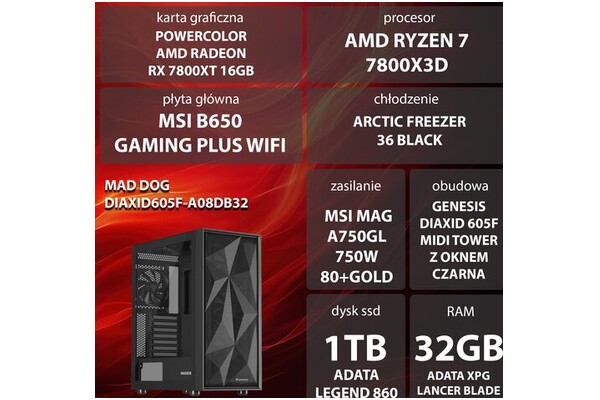 Mad Dog DIAXID605F-A08DB32 AMD Ryzen 7 32GB DDR5 AMD Radeon RX 7800 XT 16GB 1TB SSD brak