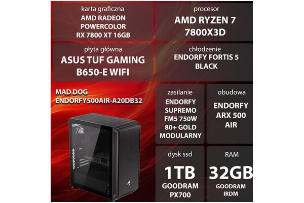 Mad Dog ENDORFY500AIR-A20DB32 AMD Ryzen 7 32GB DDR5 AMD Radeon RX 7800 XT 16GB 1TB SSD brak