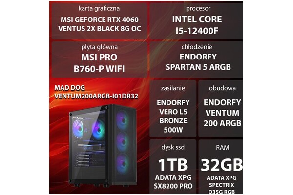 Mad Dog VENTUM200ARGB-I01DR32 Intel Core i5 32GB DDR4 NVIDIA GeForce RTX 4060 8GB 1TB SSD brak