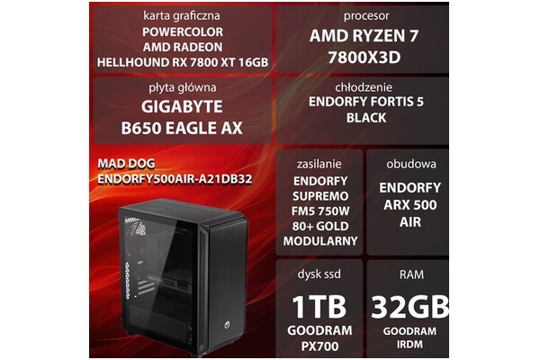 Mad Dog ENDORFY500AIR-A21DB32 AMD Ryzen 7 32GB DDR5 AMD Radeon RX 7800 XT 16GB 1TB SSD brak