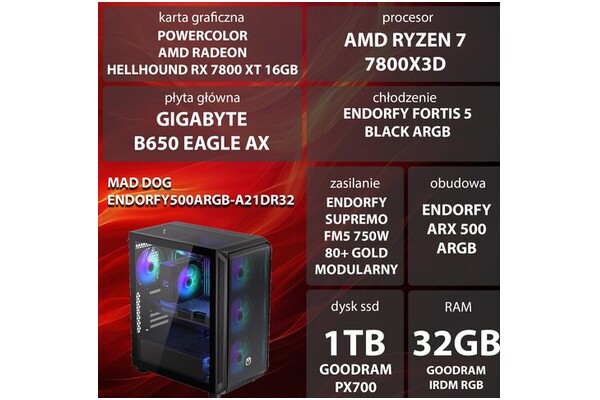 Mad Dog ENDORFY500ARGB-A21DR32 AMD Ryzen 7 32GB DDR5 AMD Radeon RX 7800 XT 16GB 1TB SSD brak