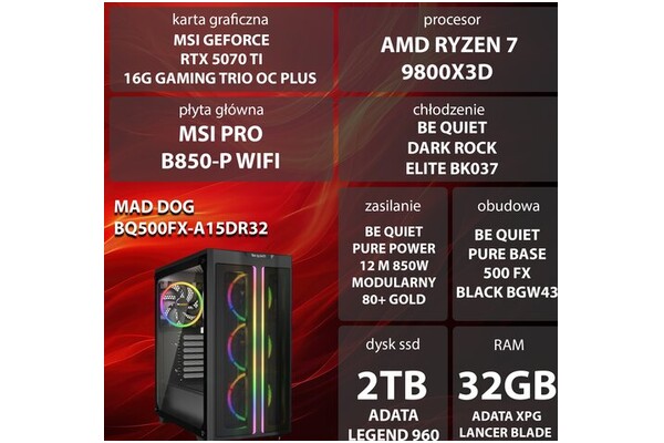 Mad Dog BQ500FX-A15DR32 AMD Ryzen 7 32GB DDR5 NVIDIA GeForce RTX 5070 Ti 16GB 2TB SSD brak