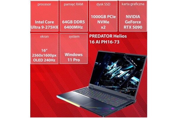 Laptop ACER Predator Helios 16 16.0" Intel Core Ultra 9 275HX NVIDIA GeForce RTX 5090 64GB 1TB SSD Windows 11 Professional czarny