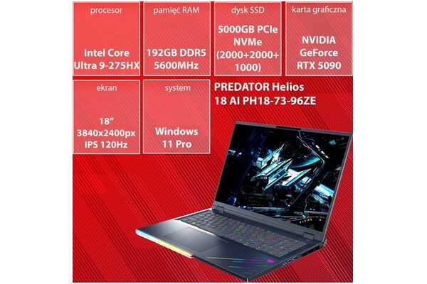Laptop ACER Predator Helios 18 18.0" Intel Core Ultra 9 275HX NVIDIA GeForce RTX 5090 192GB 2TB SSD Windows 11 Professional czarny