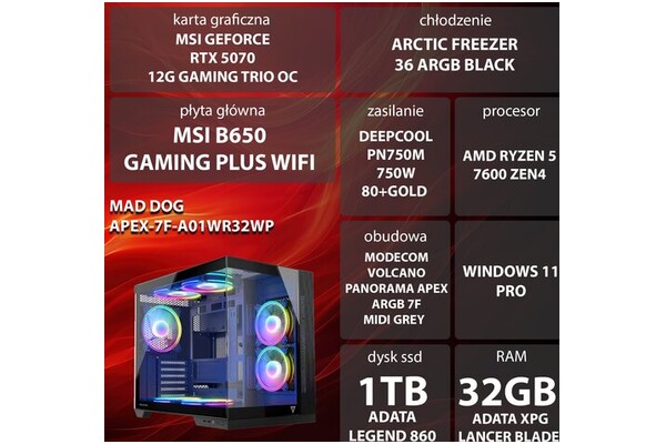 Mad Dog F-A01WR32WP AMD Ryzen 5 32GB DDR5 NVIDIA GeForce RTX 5070 12GB 1TB SSD Windows 11 Professional