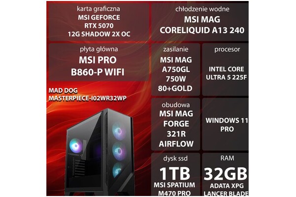 Mad Dog MASTERPIECE-I02WR32WP 32GB DDR5 NVIDIA GeForce RTX 5070 12GB 1TB SSD Windows 11 Professional
