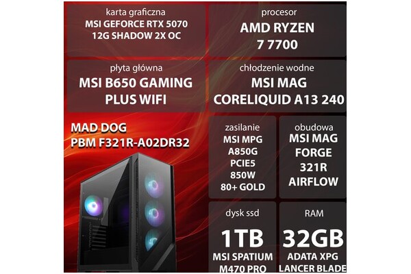 Mad Dog F321R-A02DR32 AMD Ryzen 7 32GB DDR5 NVIDIA GeForce RTX 5070 12GB 1TB SSD brak