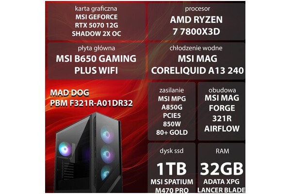 Mad Dog F321R-A01DR32 AMD Ryzen 7 32GB DDR5 NVIDIA GeForce RTX 5070 12GB 1TB SSD brak