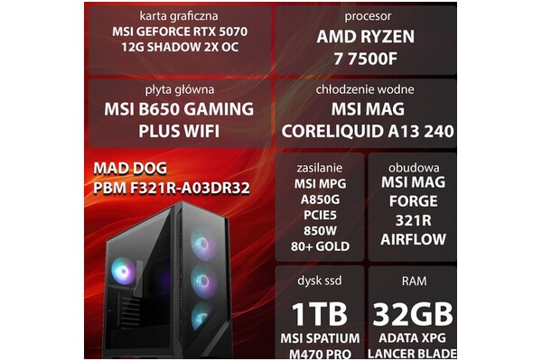 Mad Dog F321R-A03DR32 AMD Ryzen 5 32GB DDR5 NVIDIA GeForce RTX 5070 12GB 1TB SSD brak