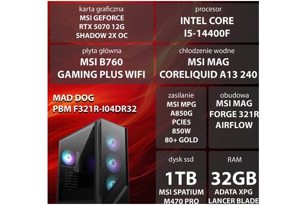 Mad Dog F321R-I04DR32 Intel Core i5 32GB DDR5 NVIDIA GeForce RTX 5070 12GB 1TB SSD brak