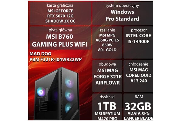 Mad Dog F321R-I04WR32WP Intel Core i5 32GB DDR5 NVIDIA GeForce RTX 5070 12GB 1TB SSD Windows 11 Professional
