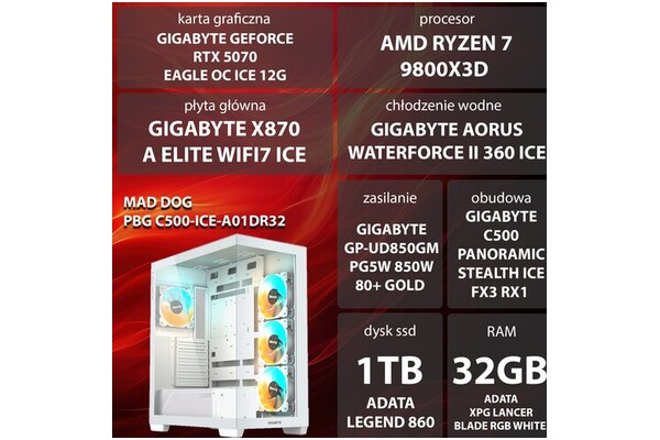 Mad Dog ICE-A01DR32 AMD Ryzen 7 32GB DDR5 NVIDIA GeForce RTX 5070 12GB 1TB SSD brak