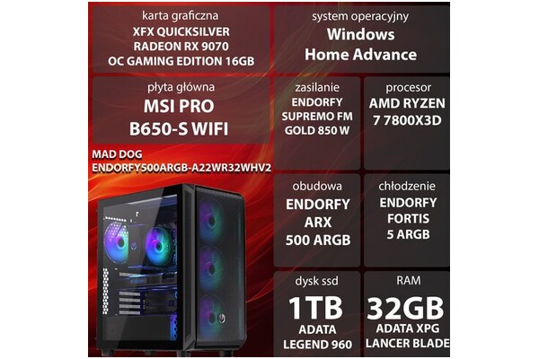 Mad Dog ENDORFY500ARGB-A22WR32WHV2 AMD Ryzen 7 32GB DDR5 AMD Radeon RX 9070 16GB 1TB SSD Windows 11 Home