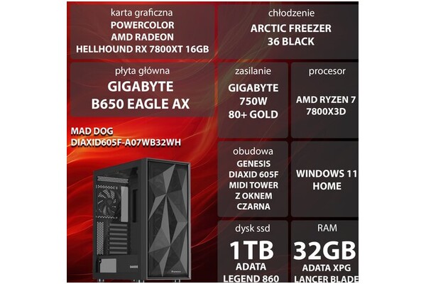 Mad Dog DIAXID605F-A07WB32WH AMD Ryzen 7 32GB DDR5 AMD Radeon RX 7800 XT 16GB 1TB SSD Windows 11 Home