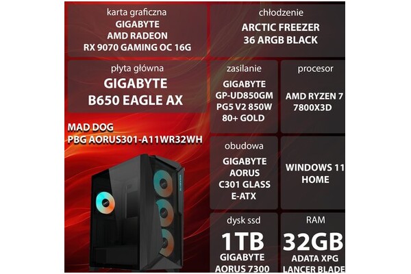 Mad Dog AORUS301-A11WR32WH AMD Ryzen 7 32GB DDR5 AMD Radeon RX 9070 16GB 1TB SSD Windows 11 Home