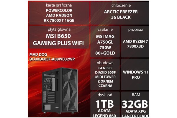 Mad Dog DIAXID605F-A08WB32WP AMD Ryzen 7 32GB DDR5 AMD Radeon RX 7800 XT 16GB 1TB SSD Windows 11 Professional
