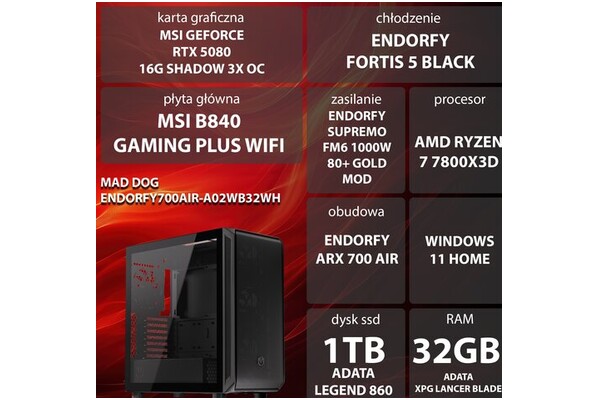 Mad Dog ENDORFY700AIR-A02WB32WH AMD Ryzen 7 32GB DDR5 NVIDIA GeForce RTX 5080 16GB 1TB SSD Windows 11 Home