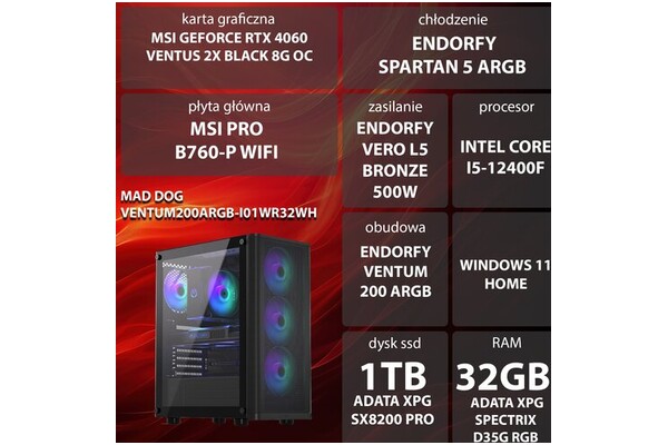 Mad Dog VENTUM200ARGB-I01WR32WH Intel Core i5 32GB DDR4 NVIDIA GeForce RTX 4060 8GB 1TB SSD Windows 11 Home