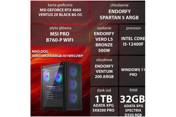Mad Dog VENTUM200ARGB-I01WR32WP Intel Core i5 32GB DDR4 NVIDIA GeForce RTX 4060 8GB 1TB SSD Windows 11 Professional