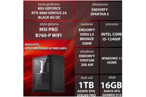 Mad Dog VENTUM200AIR-I01WB16WH Intel Core i5 16GB DDR4 NVIDIA GeForce RTX 4060 8GB 1TB SSD Windows 11 Home