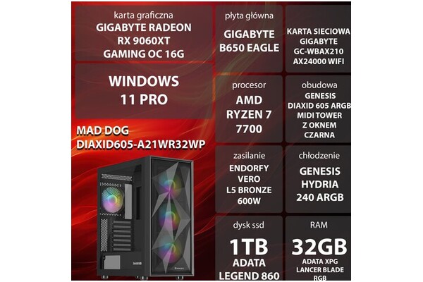 Mad Dog DIAXID605-A21WR32WP AMD Ryzen 7 32GB DDR5 AMD Radeon RX 9060 XT 16GB 1TB SSD Windows 11 Professional