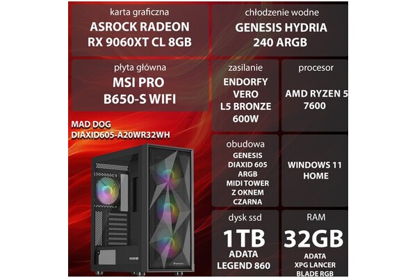 Mad Dog DIAXID605-A20WR32WH AMD Ryzen 5 32GB DDR5 AMD Radeon RX 9060 XT 8GB 1TB SSD Windows 11 Home