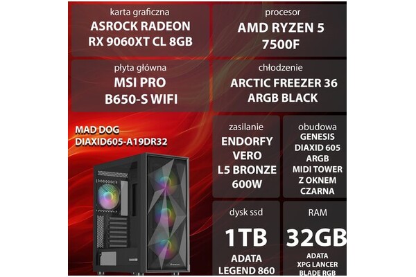 Mad Dog DIAXID605-A19DR32 AMD Ryzen 5 32GB DDR5 AMD Radeon RX 9060 XT 8GB 1TB SSD brak
