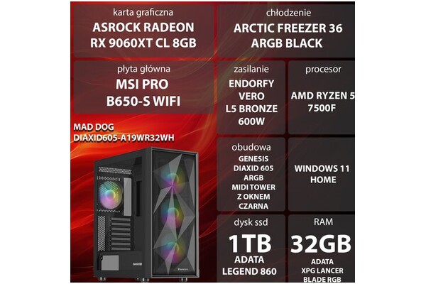 Mad Dog DIAXID605-A19WR32WH AMD Ryzen 5 32GB DDR5 AMD Radeon RX 9060 XT 8GB 1TB SSD Windows 11 Home